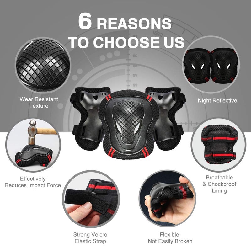 Besmall Adjustable Skateboard Skate Helmet with Protective Gear Knee Pads Elbow Pads Wrist Pads for Youth Outdoor Sports, BMX, Skateboard, Scooter, Bike, Roller, Kid's Protective Gear Set Black L - Image 3